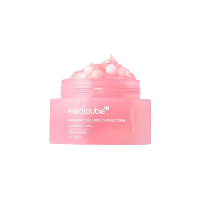 Medicube PDRN Pink Collagen Capsule Cream jar with visible capsules melting into hydrating gel