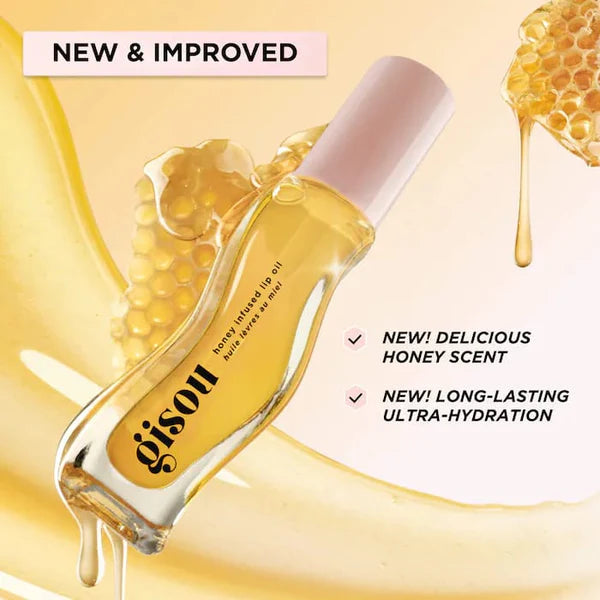 Gisou Honey Infused Hydrating Lip Oil bottle with golden translucent oil