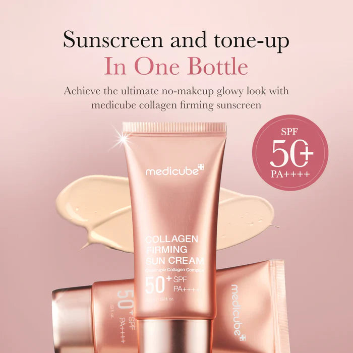 Medicube Collagen Firming Sun Cream peach-toned tube SPF50+ PA++++
