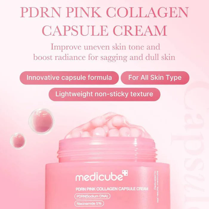 Medicube PDRN Pink Collagen Capsule Cream jar with visible capsules melting into hydrating gel