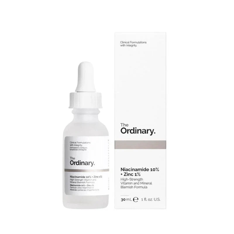 The Ordinary Niacinamide 10% + Zinc 1% serum dropper bottle on white background