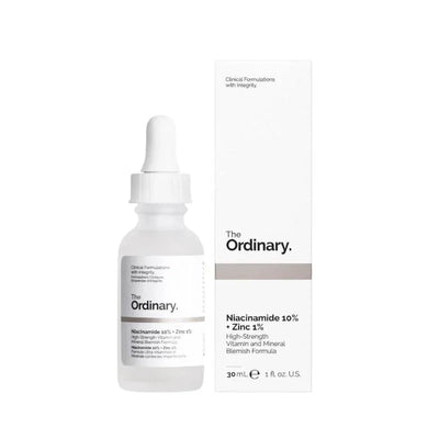 The Ordinary Niacinamide 10% + Zinc 1% serum dropper bottle on white background